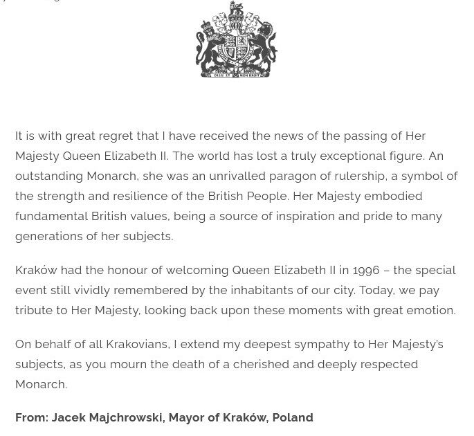 Wpis Prezydenta Miasta Krakowa do Księgi Kondolencyjnej - 9.9.2022