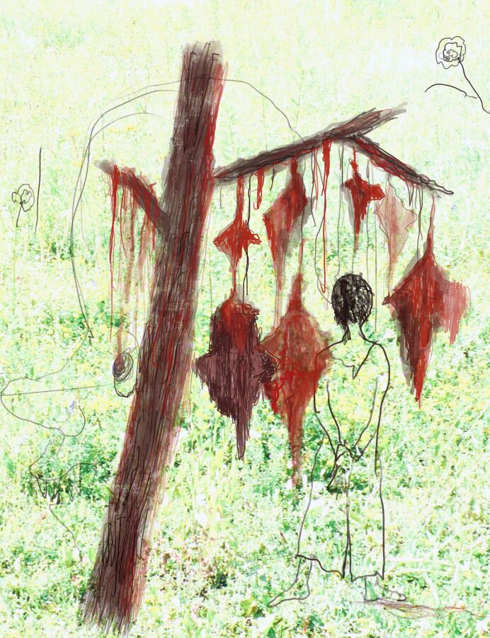 Varda Getzow, Chłopiec i drzewo, 2022, kolaż cyfrowy; druk cyfrowy na tkaninie bawełnianej