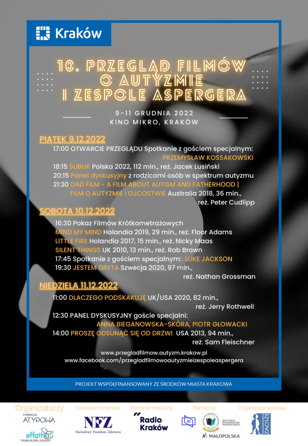 Grafika przedstawia plakat informujący o przeglądzie filmowym który odbywa się w dniach 9 do 11 grudnia w kinie MIKRO