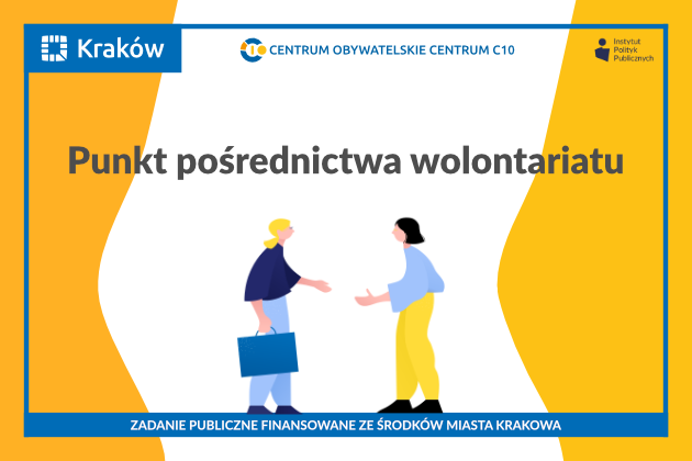 Grafika przedstawia dwie postacie podające sobie ręce. Nad postaciami widnieje podpis: Punkt pośrednictwa wolontariatu.