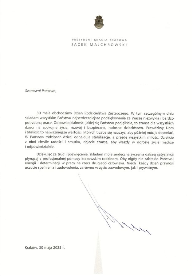 Życzenia Prezydenta Jacka Majchrowskiego z okazji Dnia Rodzicielstwa Zastępczego