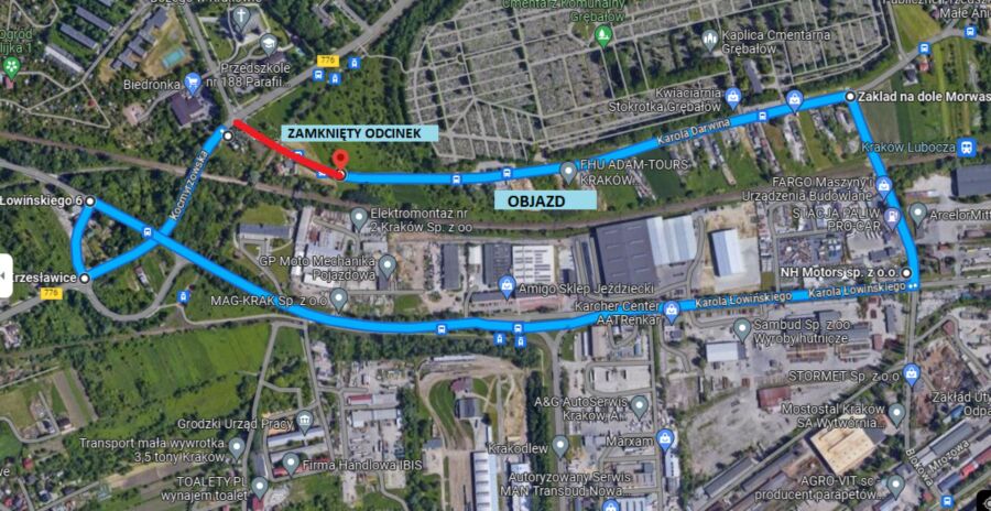 Mapka objazdu ul. Darwina