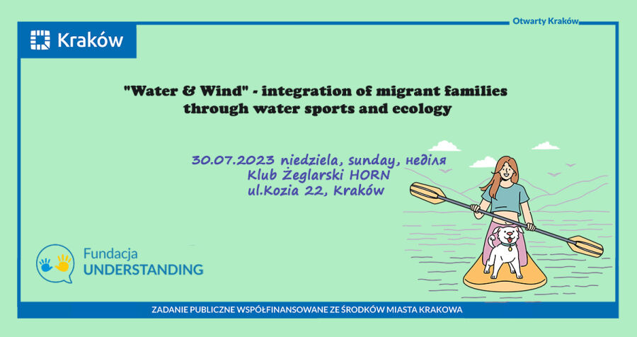 Banner zapraszający na warsztaty sportowo-rekreacyjne Water & Wind 30 lipca 2023 r. przedstawiający kobietę z psem pływających po wodzie SUPem.