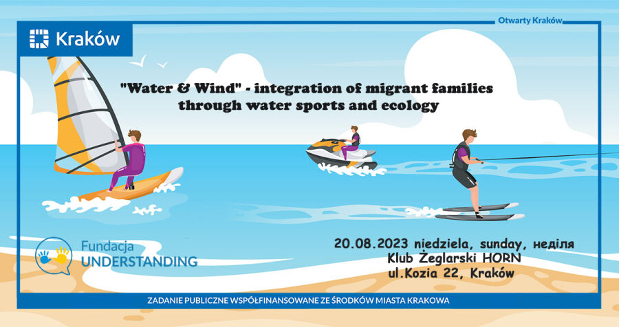 Banner zapraszający na warsztaty sportowo-rekreacyjne Water & Wind 30 lipca 2023 r. przedstawiający trzy osoby uprawiające sporty wodne.