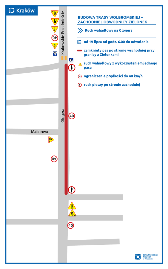 Budowa Trasy Wolbromskiej – utrudnienia na ul. Glogera, mapka