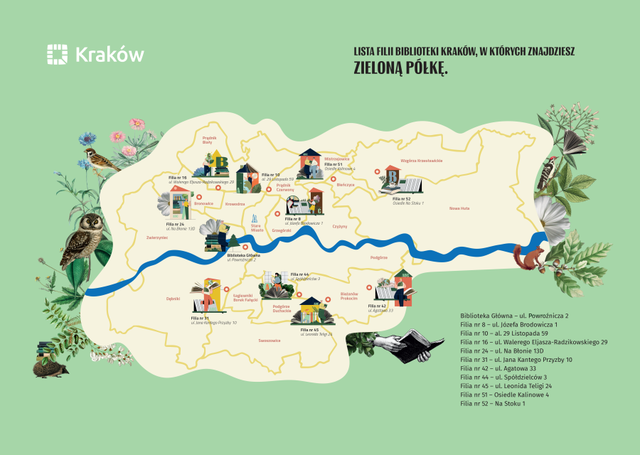 Zielone półki w Bibliotece Kraków