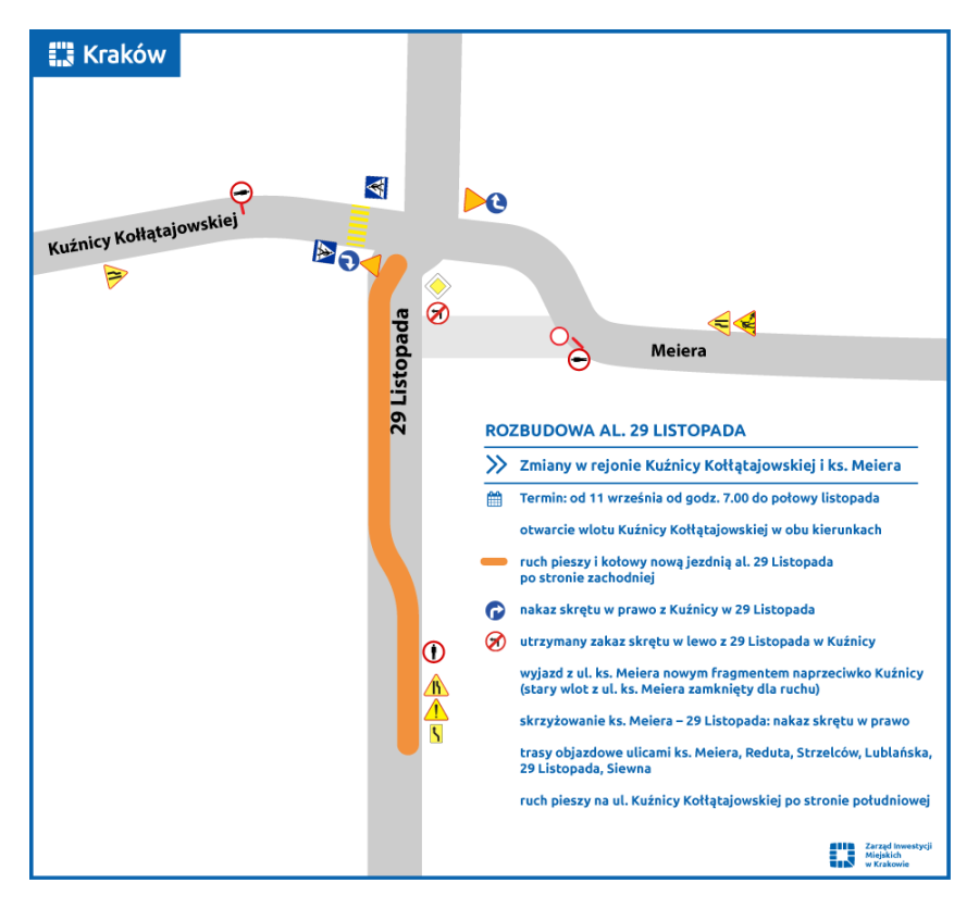 Rozbudowa al. 29 Listopada: zmiany przy ul. Kuźnicy Kołłątajowskiej i Meiera