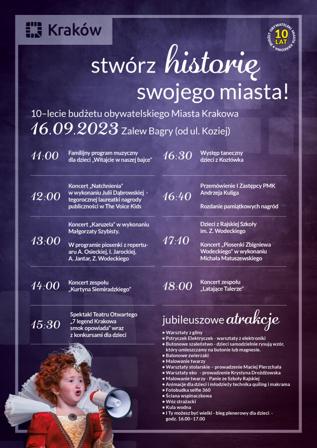 Zdjęcie dziewczynki w stroju z epoki Ludwika XVI z megafonem, a w tle harmonogram imprezy