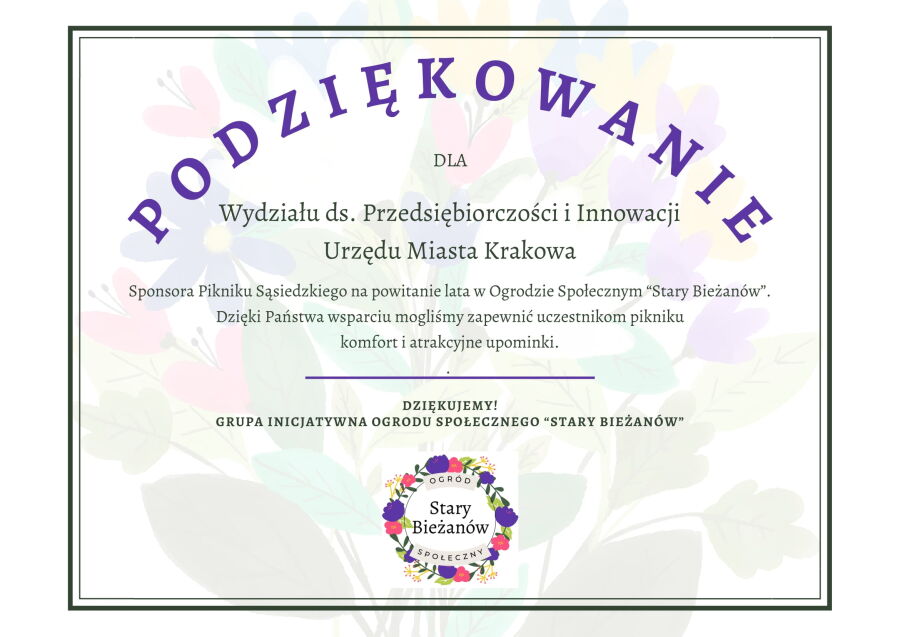 Podziękowanie za wsparcie Sąsiedzkiego Pikniku w Ogrodzie