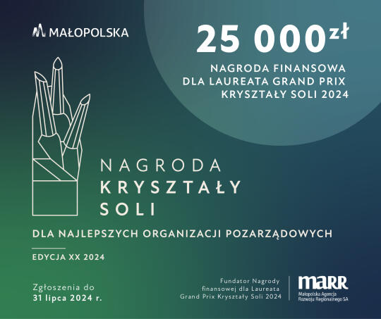 Banner promujący nabór do Nagrody dla najlepszych małopolskich organizacji pozarządowych KRYSZTAŁY SOLI 