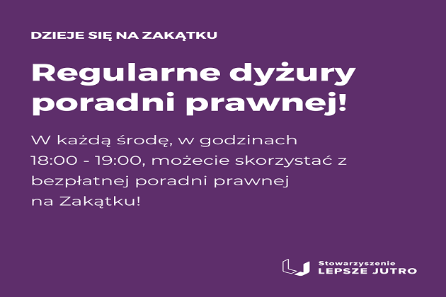 Grafika przedstawia zaproszenie na bezpłatne konsultacje prawne świadczone pzrze Stowarzyszenie 