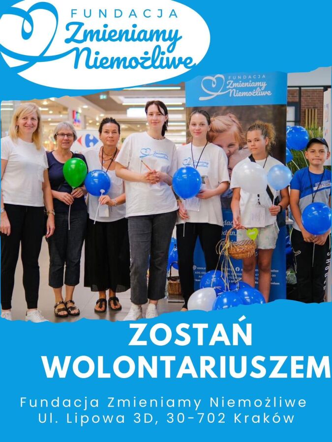 Grafika przedstawia grupę wolontariuszy działających dla Fundacji Zmieniamy Niemożliwe