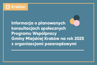 Grafika przedstawia informację o planowanych konsultacjach projektu Programu Współpracy Gminy Miejskiej Kraków na rok 2025 z organizacjami pozarządowymi