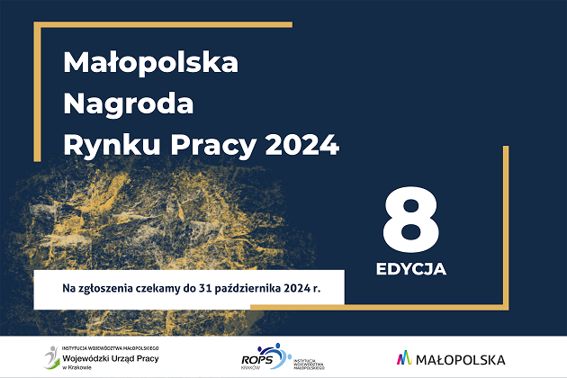 Grafika przedstawia zaproszenie do zgłaszania wniosków do 8. edycji konkursu Małopolska Nagroda Rynku Pracy.