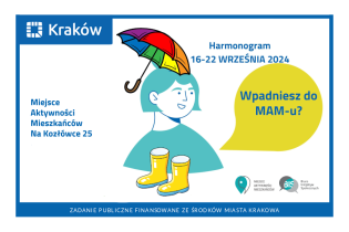 Harmonogram wydarzeń Miejsca Aktywności Mieszkańców Na Kozłówce 25 od 16 do 22 września 2024 r.. Fot. Obywatelski Kraków