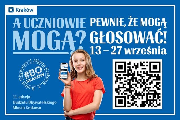 Grafika przedstawia zaproszenie do wzięcia udziału w głosowaniu przez Uczniów do Budżetu Obywatelskiego