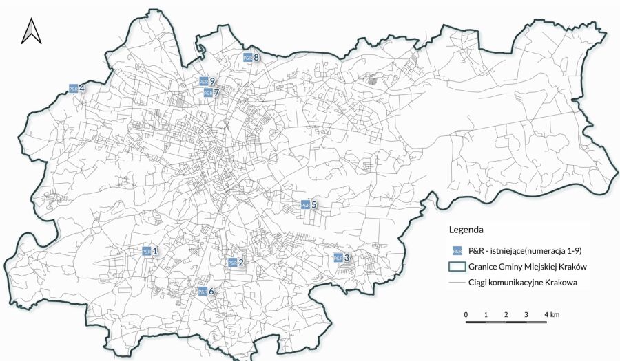 Lokalizacja istniejących parkingów P&R na terenie Gminy Miejskiej Kraków