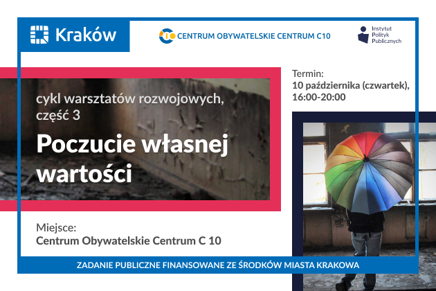 Grafika przedstawia zaproszenie do wzięcia udziału w warsztacie pod nazwą Poczucie własnej wartości - bezpłatny warsztat stacjonarny w Centrum 
