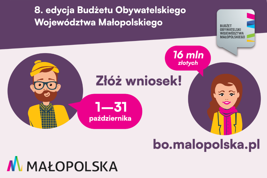 Rysunek na fioletowo-białym tle przedstawiający w kółkach mężczyznę i kobietę , mówiących: 16 mln złotych. Złóż wniosek. 1-31 października. bo.malopolska.pl