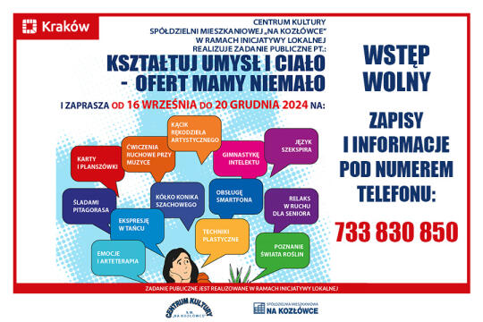 Napis: Kształtuj umysł i ciało - ofert mamy niemało i rysunek przedstawiający kobietę siedzącą przy kubku z kawą, wokół której widać kilkanaście komiksowych 