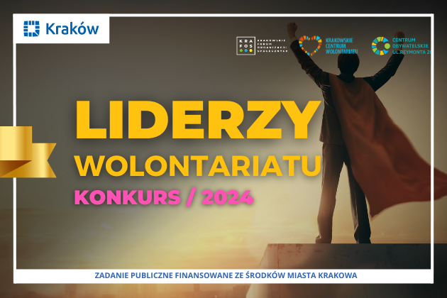 Grafika przedstawia zaproszenie do wzięcia udziału w konkursie Liderzy Wolontariatu 2024