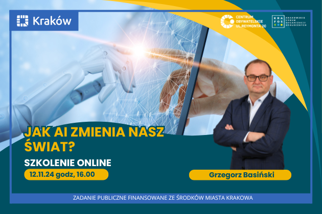 Grafika przedstawia zaproszenie do wzięcia udziału w szkoleniu pod nazwą Sztuczna inteligencja w codziennym życiu – Jak AI zmienia nasz świat