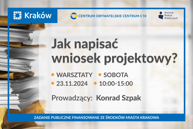 Grafika przedstawia zaproszenie do wzięcia udziału w bezpłatnym szkoleniu: Jak napisać wniosek projektowy