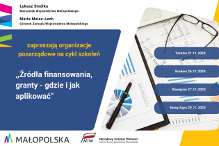 Grafika przedstawia zaproszenie na bezpłatne szkolenia pod nazwą Źródła finansowania, granty – gdzie i jak aplikować