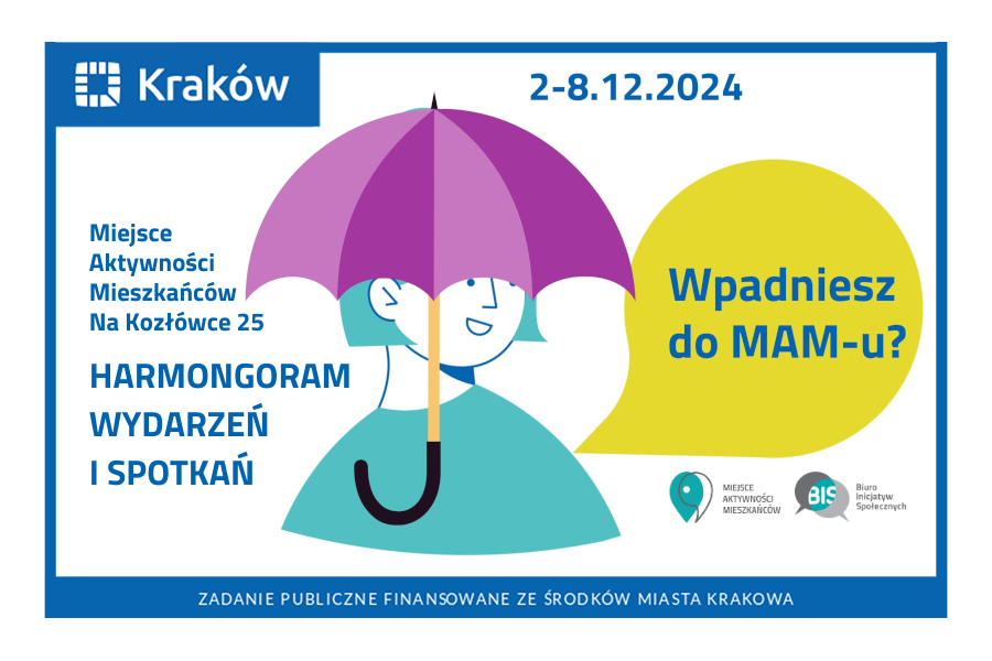 Rysunek przedstawiający portret uśmiechniętej kobiety pod parasolem, mówiącej Wpadniesz do MAM-u? i napis: Miejsce Aktywności Mieszkańców Na Kozłówce 25 harmonogram wydarzeń i spotkań 2-8.12.2024 r.