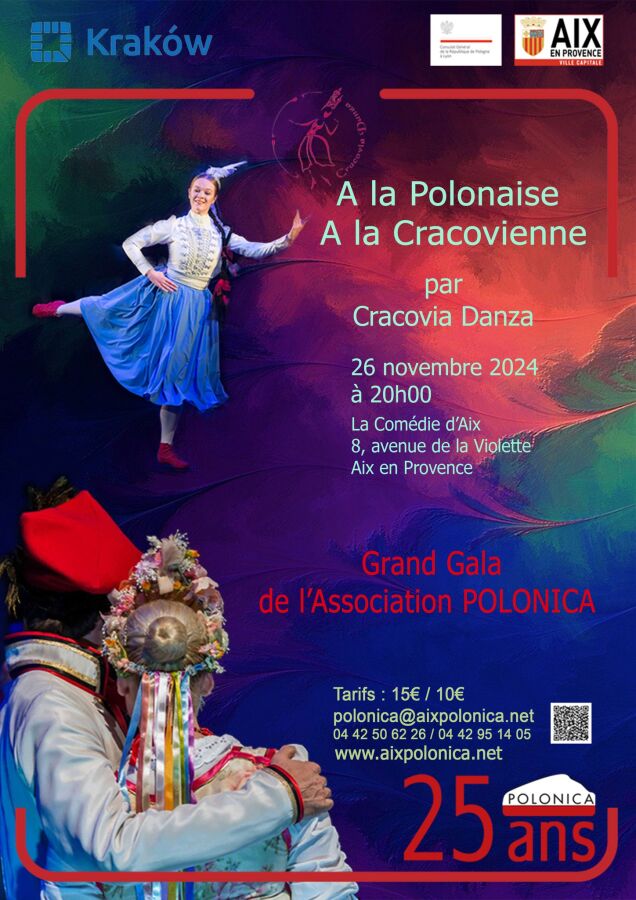 Plakat zapowiadający występ Cracovia Danza w Prowansji. Kolorowe tło i troje tancerzy w strojach ludowych. Tekst w języku francuskim. 