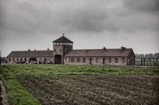 Grafika przedstawia teren byłego nazistowskiego obozu w Oświęcimiu.