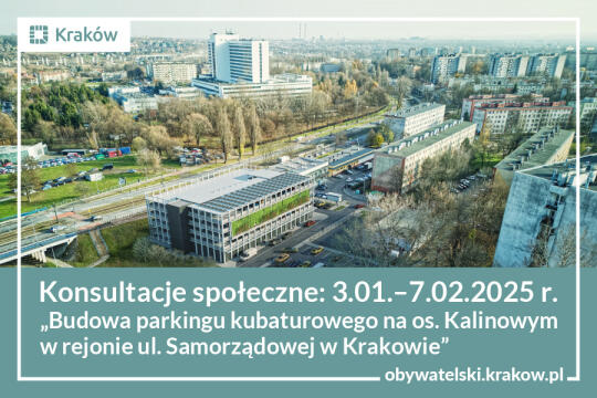 Wizualizacja przedstawiająca w widoku z lotu ptaka planowany parking kubaturowy na tle otaczającego go terenu i zabudowy. Pod spodem napis: Konsultacje społeczne: 3.01.-7.02.2025 r. Budowa parkingu