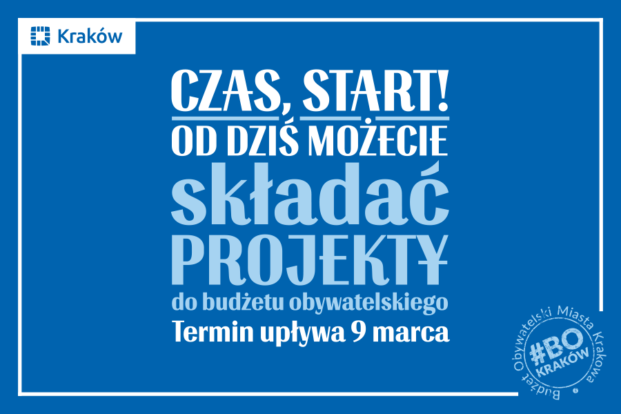 Grafika przedstawia informację o rozpoczętym naborze projektów do XII edycji Budżetu Obywatelskiego Miasta Krakowa!