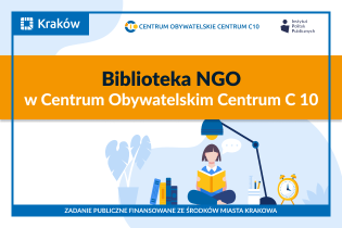 Grafiki zawiera informacje dotyczące biblioteki realizowanej w Centrum Obywatelskim C10, w dolnej części znajduje się grafika osoby czytającej książkę, obok soi zegar, książki i lampa. 