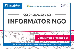 Grafika prezentuje tekst informujący o aktualizacji Informatora NGO i o możliwości zgłaszania swoich organizacji. 