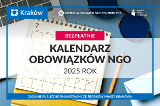 Grafika prezentuje kalendarz obowiązków NGO udostępniony bezpłatnie, w tle znajduje się zdjęcie kalendarza i ołówka. 