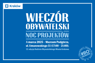 Na niebsiekim tle widniej napis: "WIECZÓR OBYWATELSKI | NOC PROJEKTÓW"