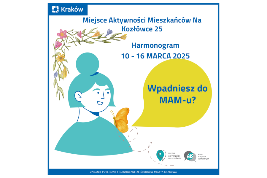 Rysunek przedstawiający portret uśmiechniętej kobiety, na ramieniu której siedzi żółty motyl, a po lewej i nad nią widać kolorowe kwiaty.