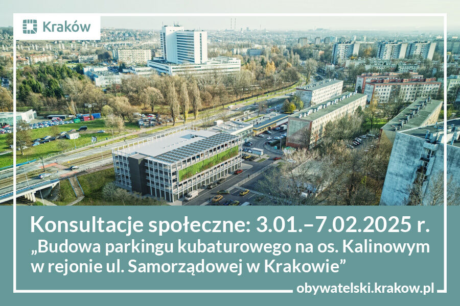 Wizualizacja przedstawiająca w widoku z lotu ptaka planowany parking kubaturowy na tle otaczającego go terenu i zabudowy. Pod spodem napis: Konsultacje społeczne: 03.01.-07.02.2025 r. Budowa parkingu