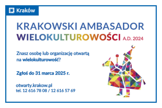 Na grafice znajdują się informacje dotyczące konkursu Krakowski Ambasador Wielokulturowości 