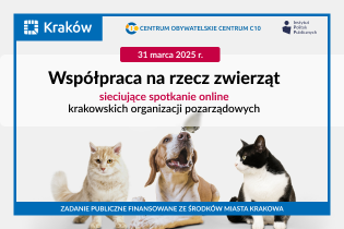 Na obrazku znajdują się informacje na temat spotkania dotyczącego Współpracy na rzecz zwierząt, na środku znajdują się zdjęcia białego i czarnego kota oraz brązowego psa