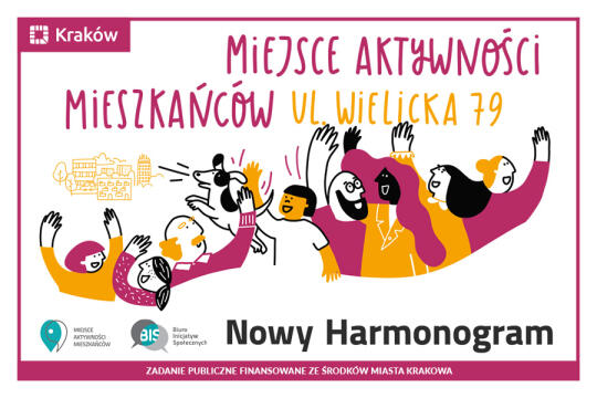 Rysunek przedstawiający grupę radosnych ludzi w różnym wieku, którzy rozmawiają i gestykulują. Nad nimi widoczny napis: Miejsce Aktywności Mieszkańców ul. Wielicka 79.