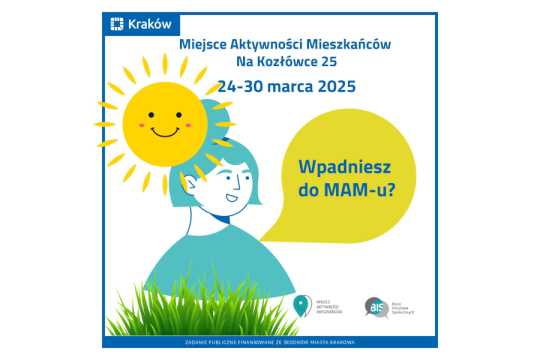 Rysunek przedstawiający portret uśmiechniętej kobiety, przed którą widać uśmiechnięte słońce i zieloną trawę. Nad nią widoczny napis: Miejsce Aktywności Mieszkańców Na Kozłówce 25