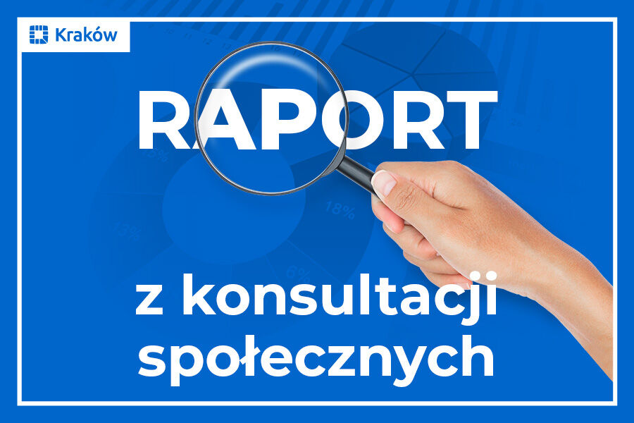 Biały napis na niebieskim tle "Raport z konsultacji społecznych", a nad nim dłoń trzymająca szkło powiększające