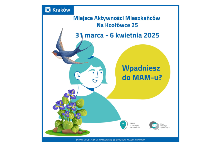 Rysunek przedstawiający portret uśmiechniętej kobiety, nad którą leci jaskółka, a przed nią widać rosnące fioletowe bratki.