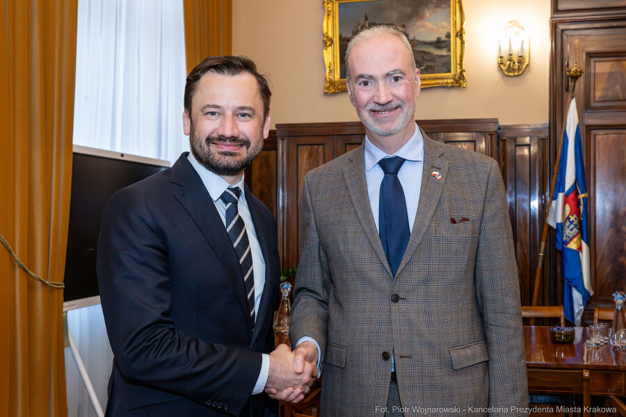 Wizyta Ambasadora Francji u Prezydenta Krakowa 28.03.2025. W gabinecie na pierwszym planie stoją po prawej Ambasador Francji J.E. Etienne de Poncis, po lewej Prezydent Aleksander Miszalski.