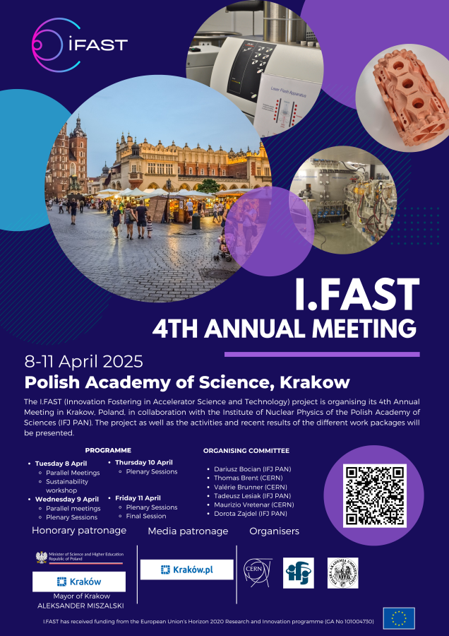 Plakat międzynarodowego spotkania naukowego projektu I.FAST. Ciemnofioletowe tło z centralną okrągłą fotografią Sukiennic i logotypem I.FAST oraz okrągłymi fotografiami instrumentów i urządzeń naukowych