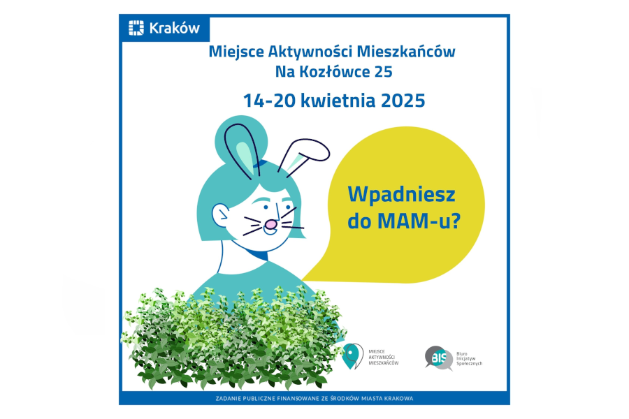 Rysunek przedstawiający portret uśmiechniętej kobiety ucharakteryzowanej na wielkanocnego zajączka, przed którą widać zielone rośliny. Nad nią napis: Miejsce Aktywności Mieszkańców Na Kozłówce 25 14 – 20 kwietnia 2025