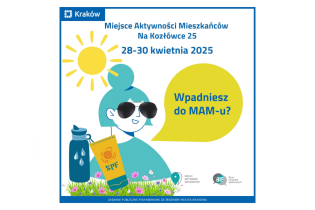 Rysunek przedstawiający portret uśmiechniętej kobiety w okularach słonecznych, nad którą świeci słońce, a przed nią widać kwiecistą łąkę, termos z napojem i krem do opalania.