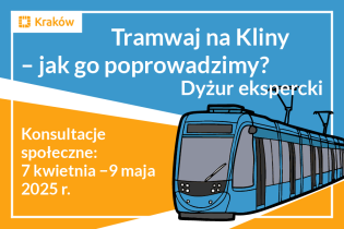Grafika przedstawia tramwaj oraz napis Tramwaj na Kliny – jak go poprowadzimy? Dyżur ekspercki